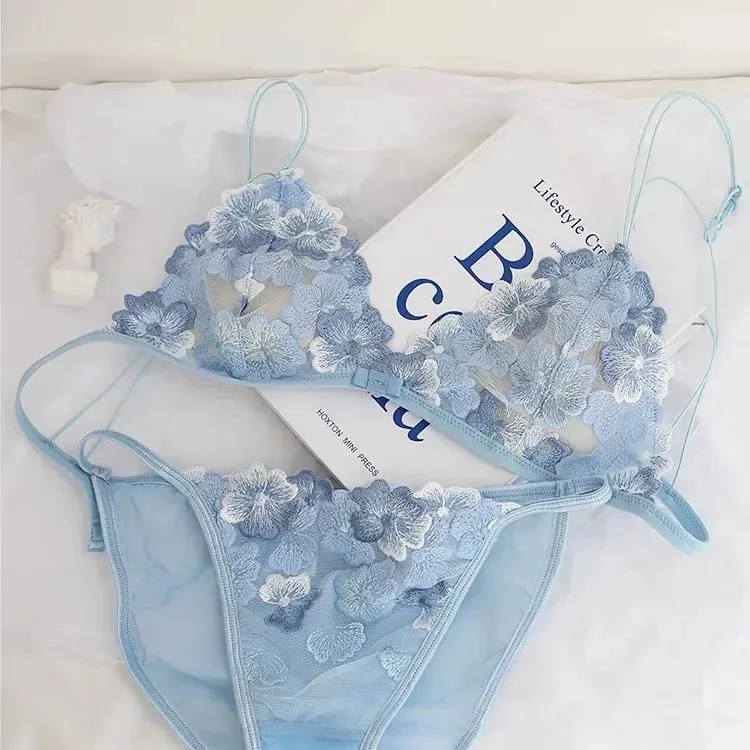 우아한 속이 빈 레이스 브래지어 & 팬티 세트 언더 와이어 없음 쉬어 프렌치 트라이앵글 컵 Bralette 보이지 않는 티셔츠 여성 속옷