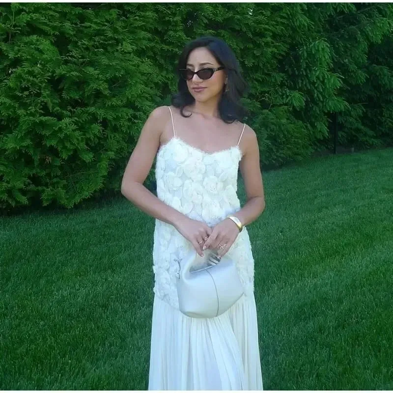 Elegant 3D Flower Long Dress For Women Fashion Patchwork Pleated Sling Party Dresses Female 2025 New Backless Maxi Evening Robes