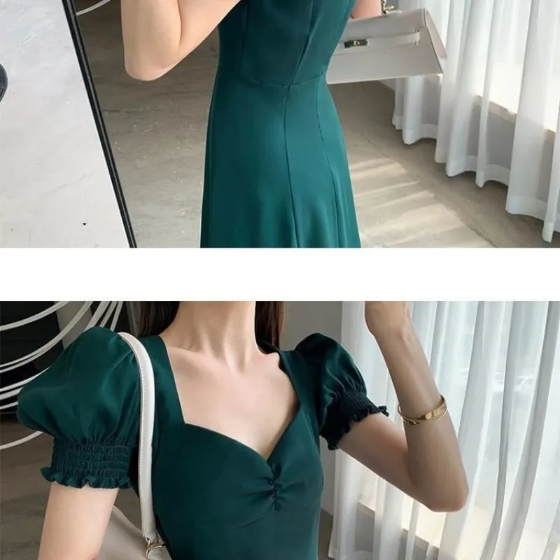 Solid Puff Kortärmad Elegant Slit Klänning Nytt Mode Dam V-ringad Hela Klänningar Dam Hög Midja Smal Kvällsfest Vestidos