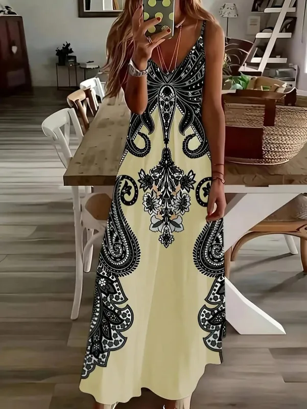 2024 vestido de tirantes con cuello en V estampado de nueva flor transfronteriza con estilo de vacaciones bohemio exótico estilo largo elegante