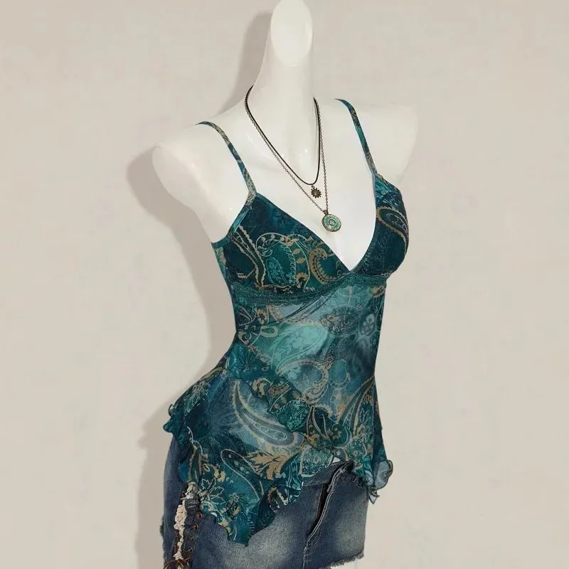 Sexy Spicy Girl V-Neck Sheer Camis Casual Slim Fit Spaghetti Strap Backless Printed Mesh Splice Crop Top Summer Fashion Tank Top