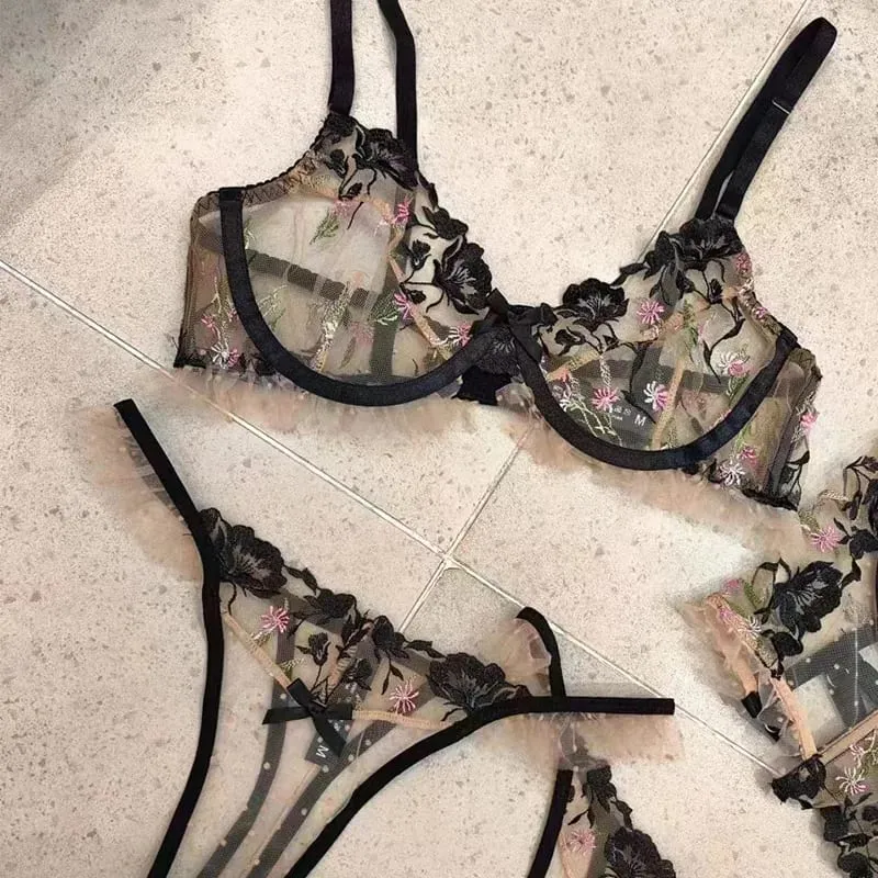 Clashing Sexy Flower Embroidery Εσώρουχα Γυναικεία Σετ Γυναικεία Σουτιέν Push up με σώβρακο Γυναικείο κοστούμι