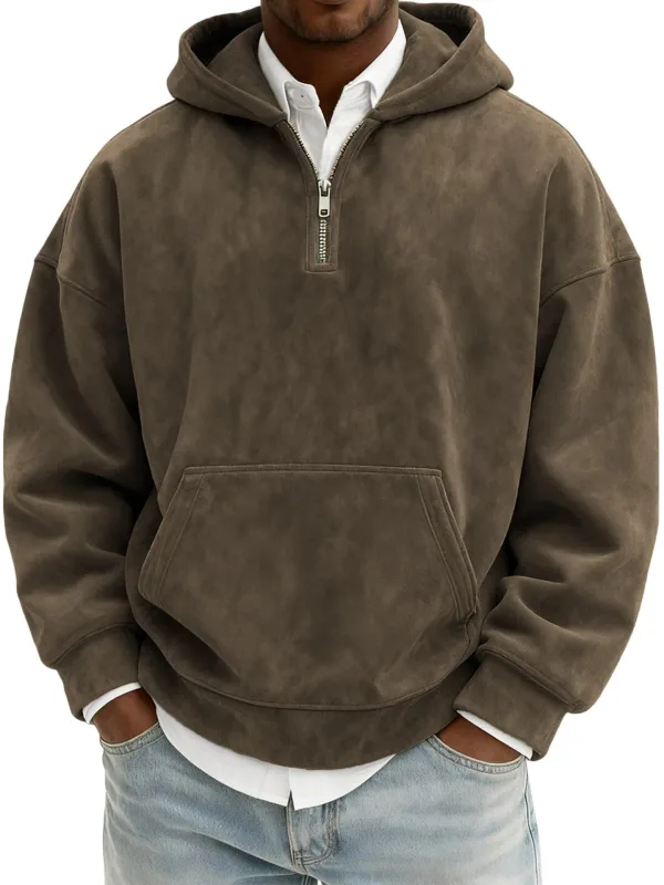 American New Fashion Men's Solid Color Half Zipper Long Sleeve Casual Trendy Daily Hooded Sweatshirts Male Hoodies Clothes Tops