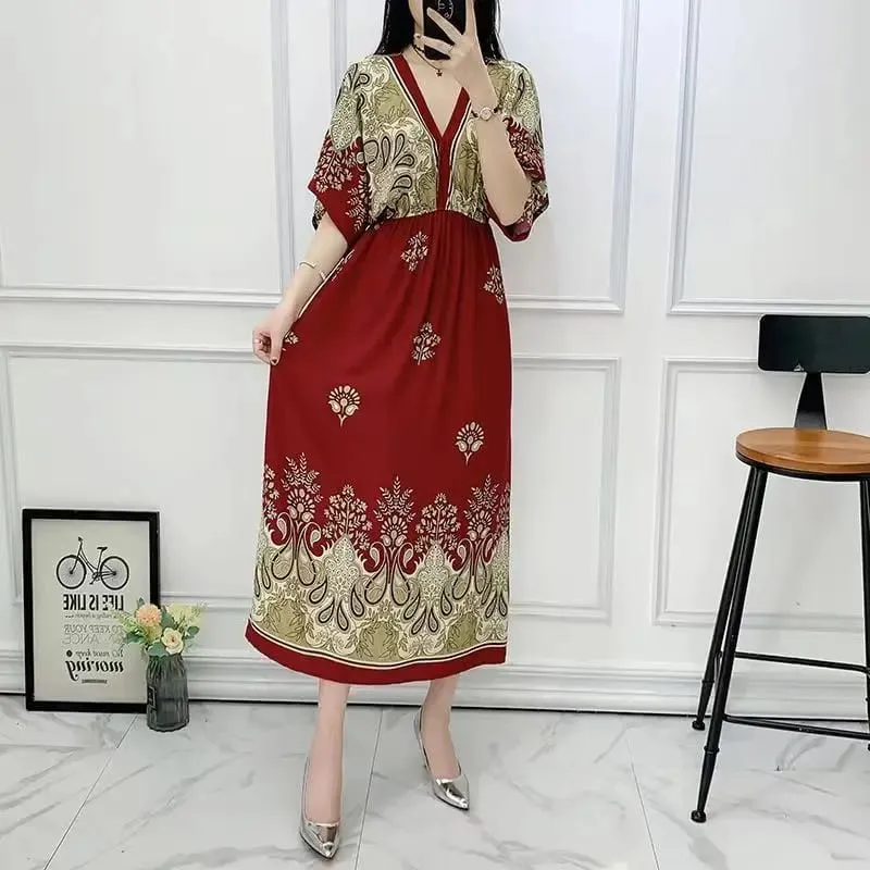 Na co dzień elegancki retro czeski styl narodowy dekolt w serek w pasie duża huśtawka z nadrukiem letnia długa spódnica kobieca sukienka ubrania