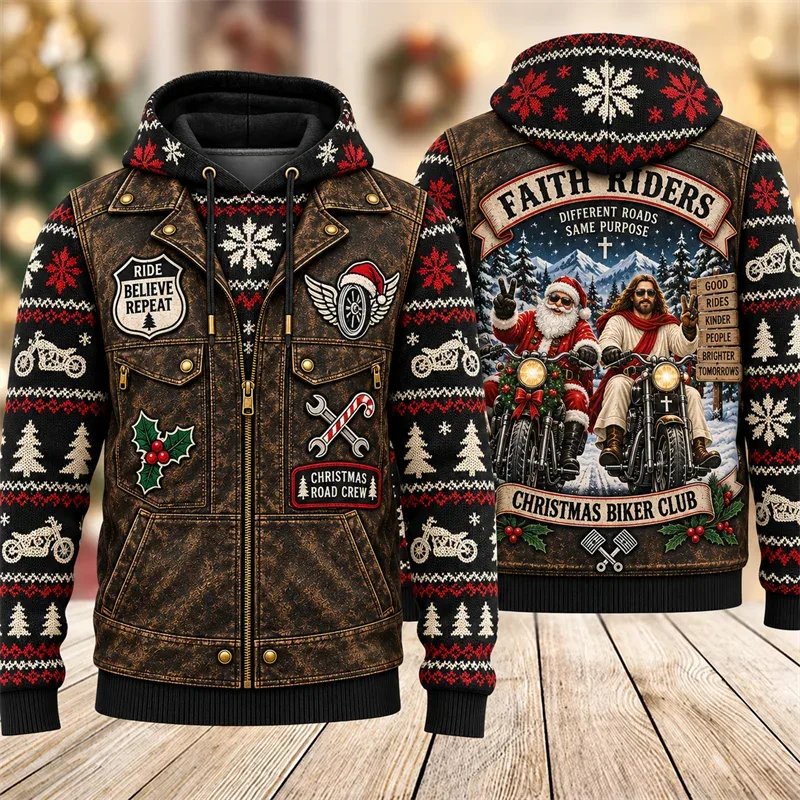 Christmas Biker Hoodie 3D Print Santa Reindeer Gingerbread Rider Faux Leather Vest Holiday Pullover Winter Streetwear Gift