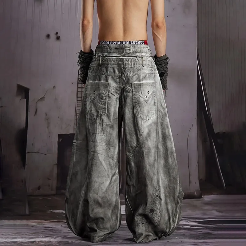 2026 New Stylish Original Streetwear Wornout Vintage Style Tie-dyed Baggy Wide Leg Jeans Men Handsome Denim Pants JY8691