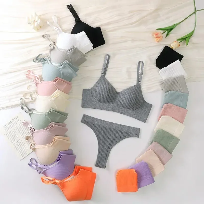 Women Seamless Bra Set High Waist Thong Panties Female Nonwire Brassiere Comfy Soft Sports Bras Underwear Set Sexy Lingerie Set