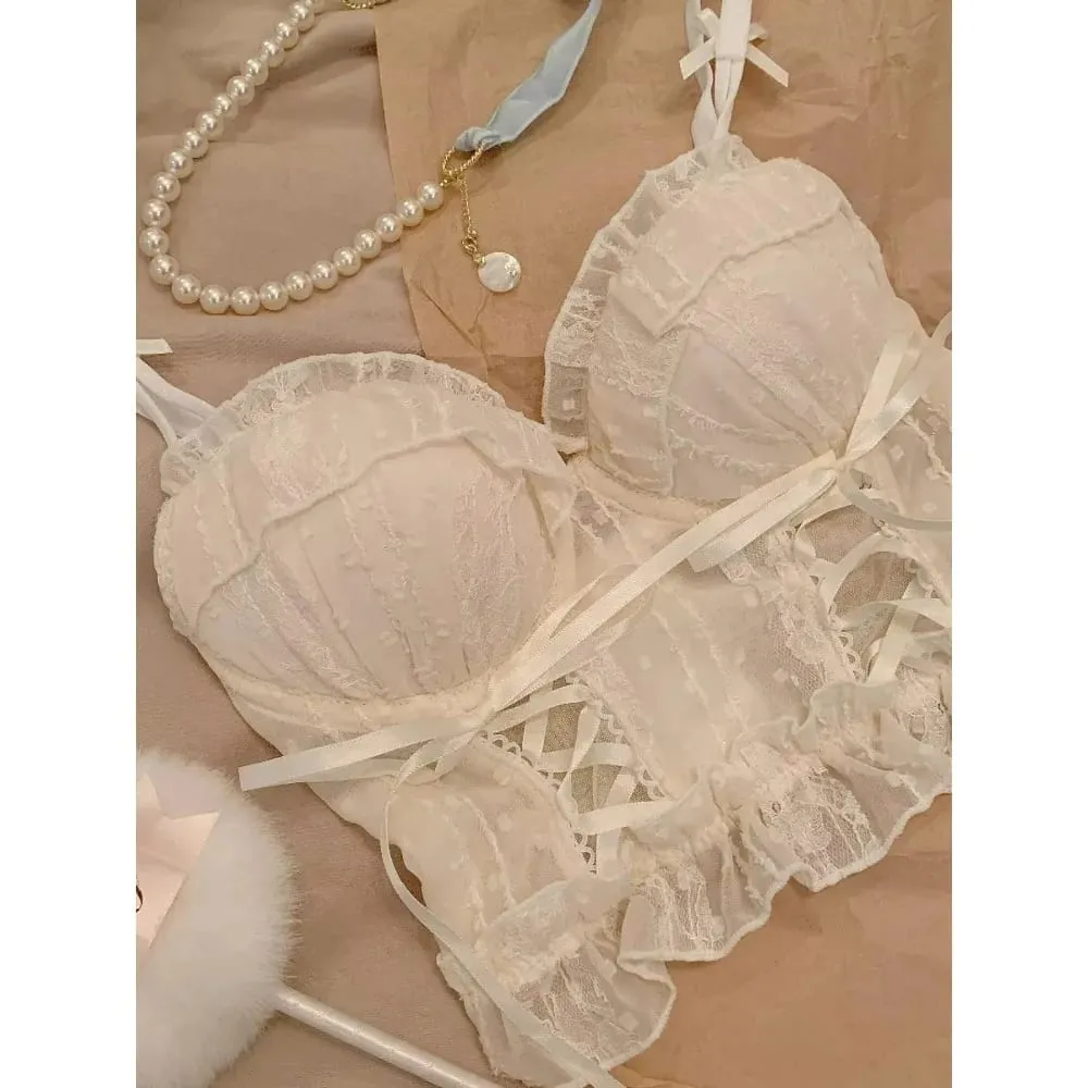 Womens Japanese Style Lolita Lace Tie‑Up Wireless Bra Anti Sagging Push Up Shaping Sweet Cute Lingerie 32‑38 Bra Set — image 5