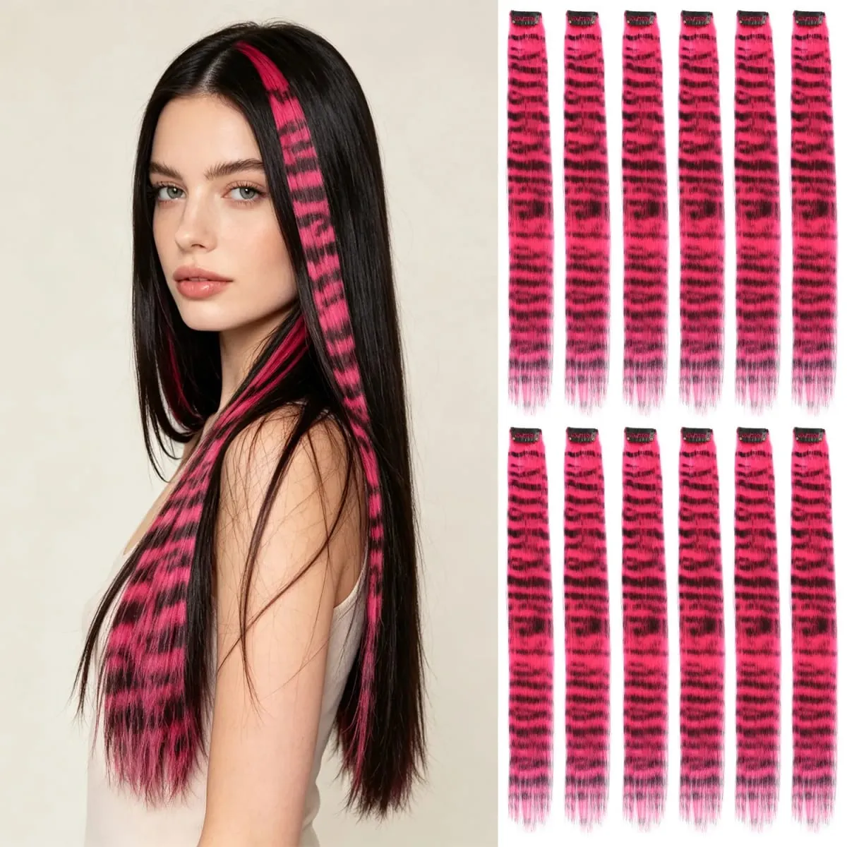 Synthetic clip in colorful striped hair Clip in feather hair extensions 18inch for women ladies daily party holiday