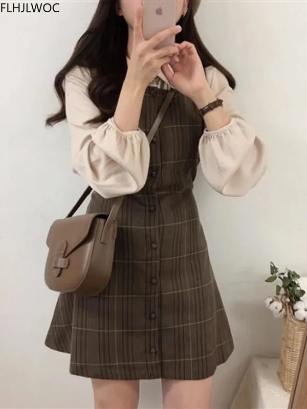 Bonito mini ano novo data vestidos sem mangas colete feminino coreia estilo japonês design retro vintage xadrez botão camisa vestido 11021