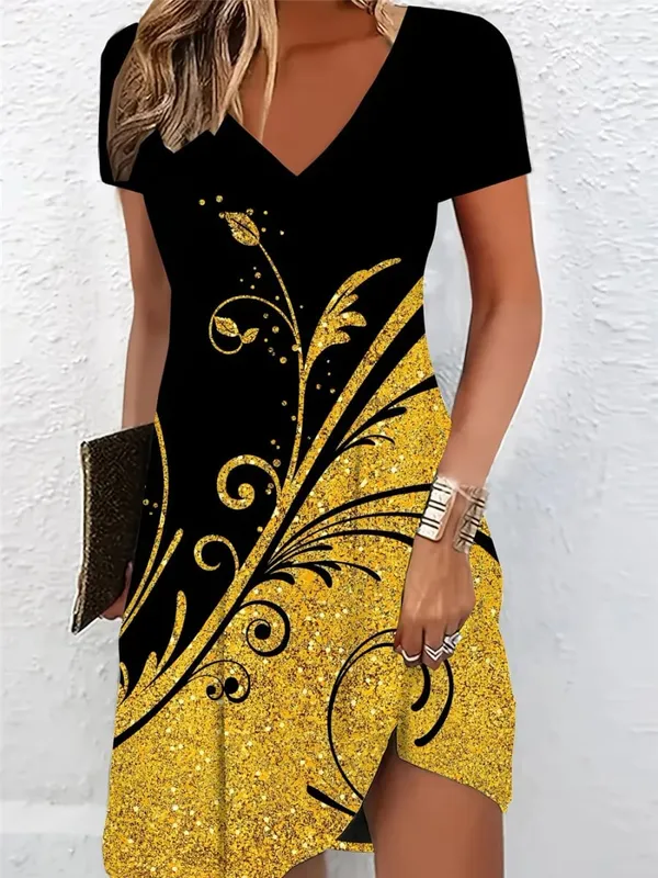 Elegant Women Floral Mini Dresses Summer Short Sleeve V-Neck Street 3D Flower Printed Ladies Dress 3XL Plus Size Casual Dress