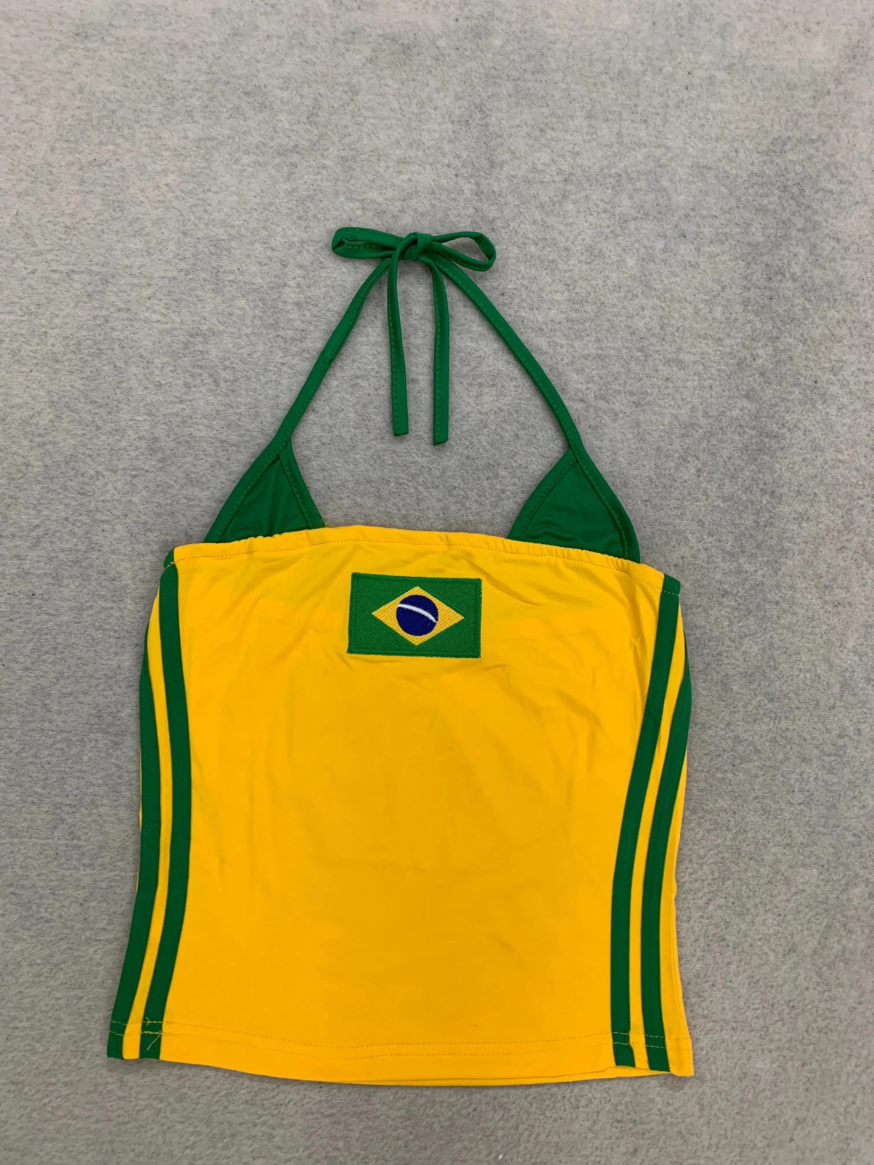 Women Brazil Flag Print Halter Crop Top Color Block Stripe Sleeveless Slim Y2K Summer Streetwear Going Out Sports Cami Tank Top