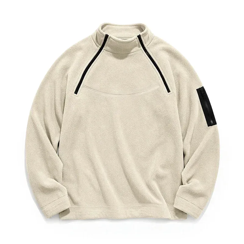 Men Fleece Stand Collar Sweatshirt Diagonal Zipper Arm Pocket Long Sleeve Loose Casual Pullover Autumn Winter Outdoor Tops