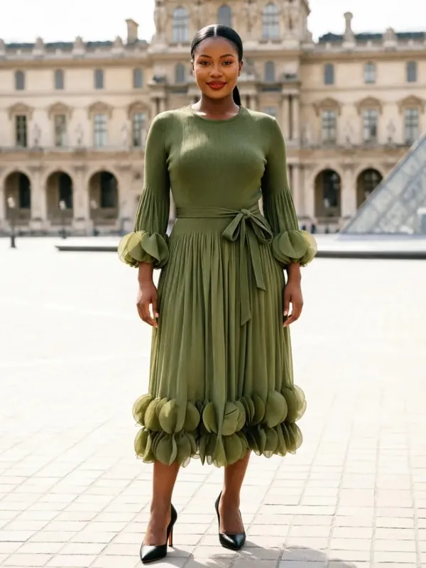 Niche Women's Pleated Dress Fashion Solid Color Elegant Round Embellishments Patchwork Design Famale Clothing 2DB8043 — image 11