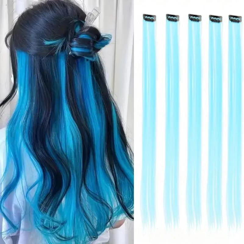 5 Pieces of Colorful Hair Clips 24 Inch Long Straight Fake Hair Clips Combined for Christmas Fashion Wig Pieces