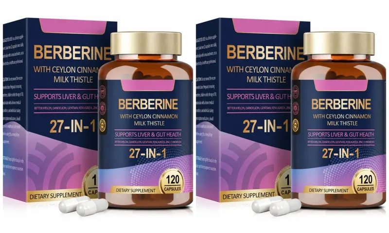 Suplemento de berberina 27 em 1 com cardo de leite de canela de Ceilão para imunidade de saúde intestinal de fígado para homens e mulheres 120 cápsulas veganas