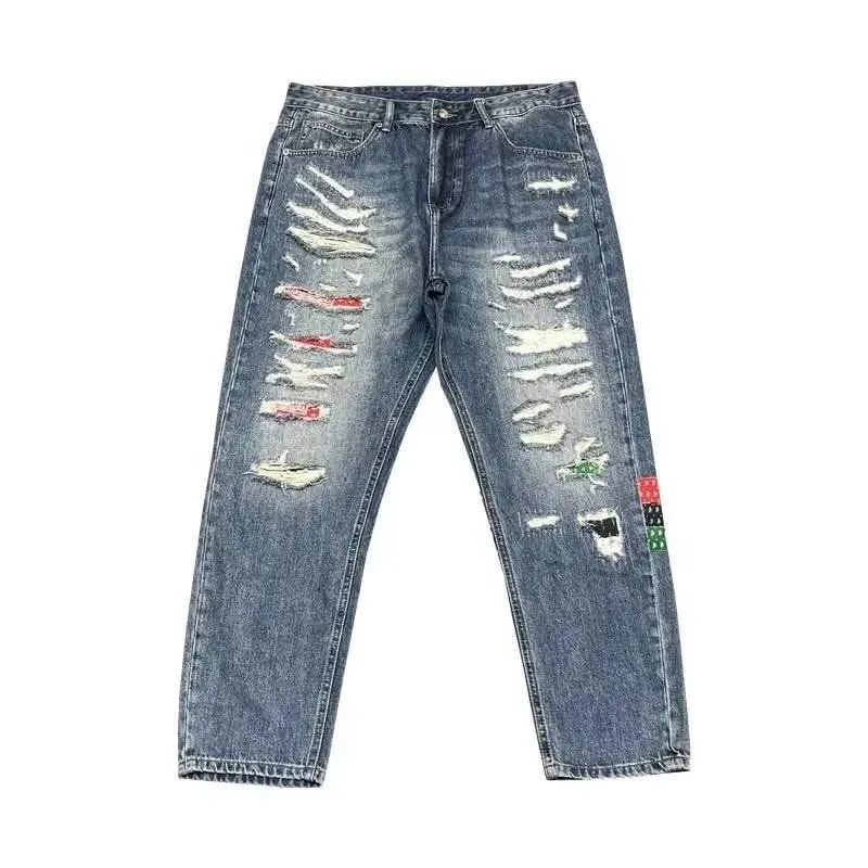 Jeans elasticizzati a gamba dritta strappati di nuova tendenza della moda primaverile e autunnale per jeans sportivi di fascia alta allentati casual retrò da uomo 28-36