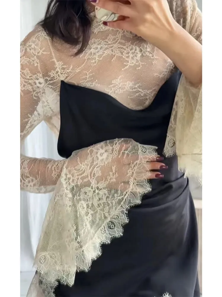 Elegant Sexy Lace Patchwork Mini Dress Women Full Flared Sleeve Waist Cinching See Through Short Dresses Lady Club Party Gowns — image 5