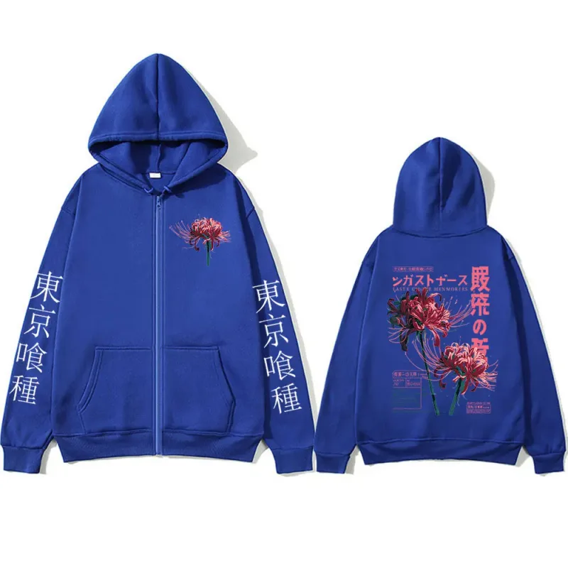 Anime Tokyo Ghoul Ken Kaneki Grunge Flower Japanese Spider Lily Zipper Hoodies Men's Zip Up Sweatshirts Long Sleeves Jacket Caot