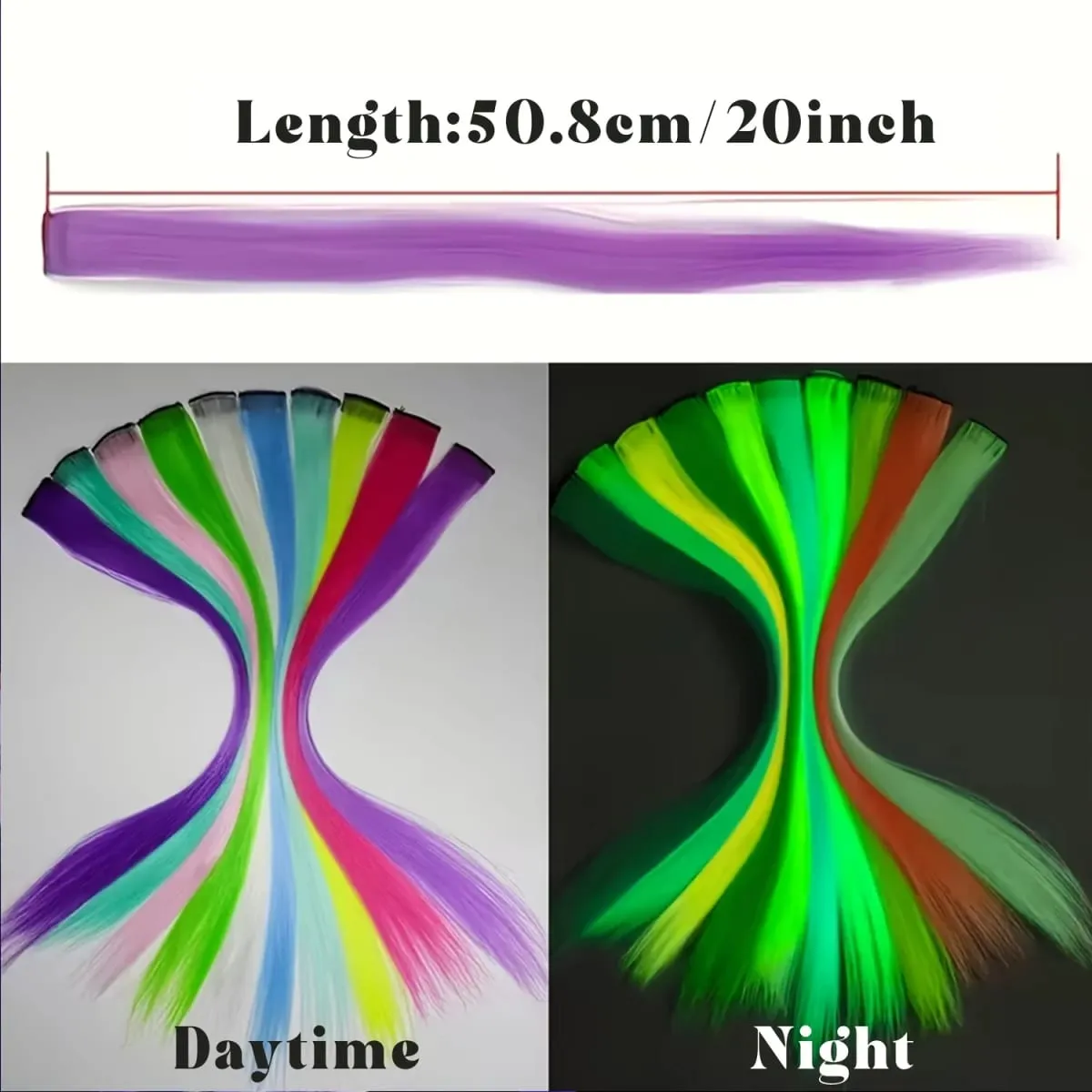 4-Pieces Synthetic Hair Extensions with Luminous Fluorescent Glow for Women - Clip-In Smooth & Soft Easy to Wear for Parties