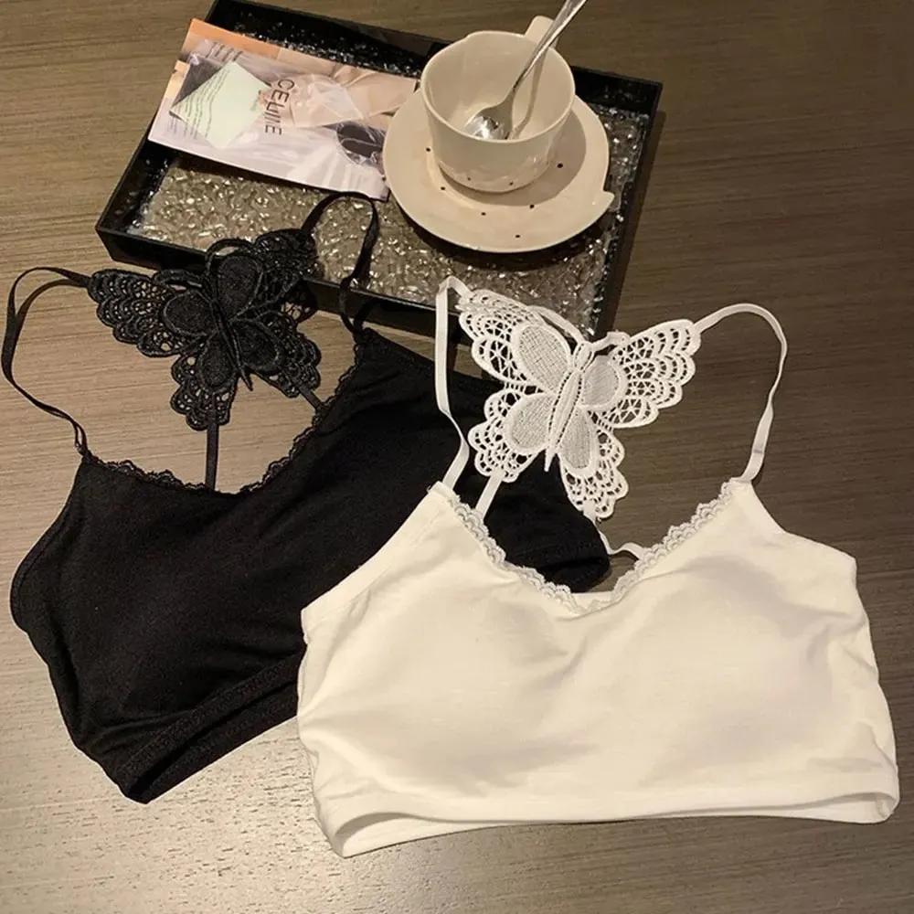 Flattering Slim Crop Top Women Lace Butterfly Back Cami Top Padded Built Bra Spaghetti Strap Sleeveless Tank Inner Underwear