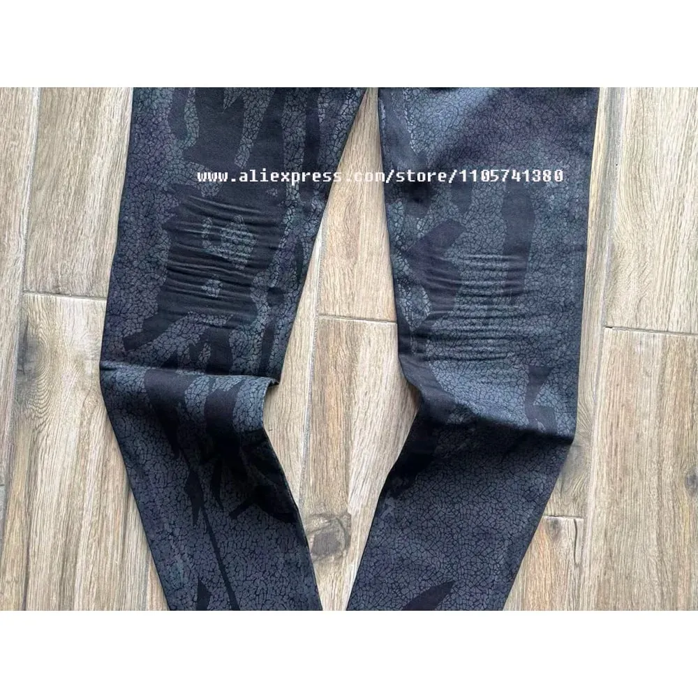 Men's High Street American Fashion Distressed Black Crackle Paint Foil Stretch Skinny Button Fly Ripped Jeans Pants