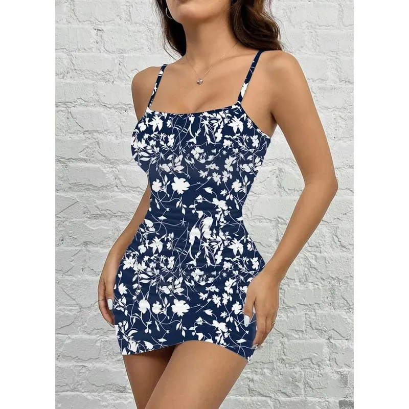 Women's Floral Print Square Neck Sleeveless Dress Summer Casual Comfortable Fashion Short Skirt with Suspender