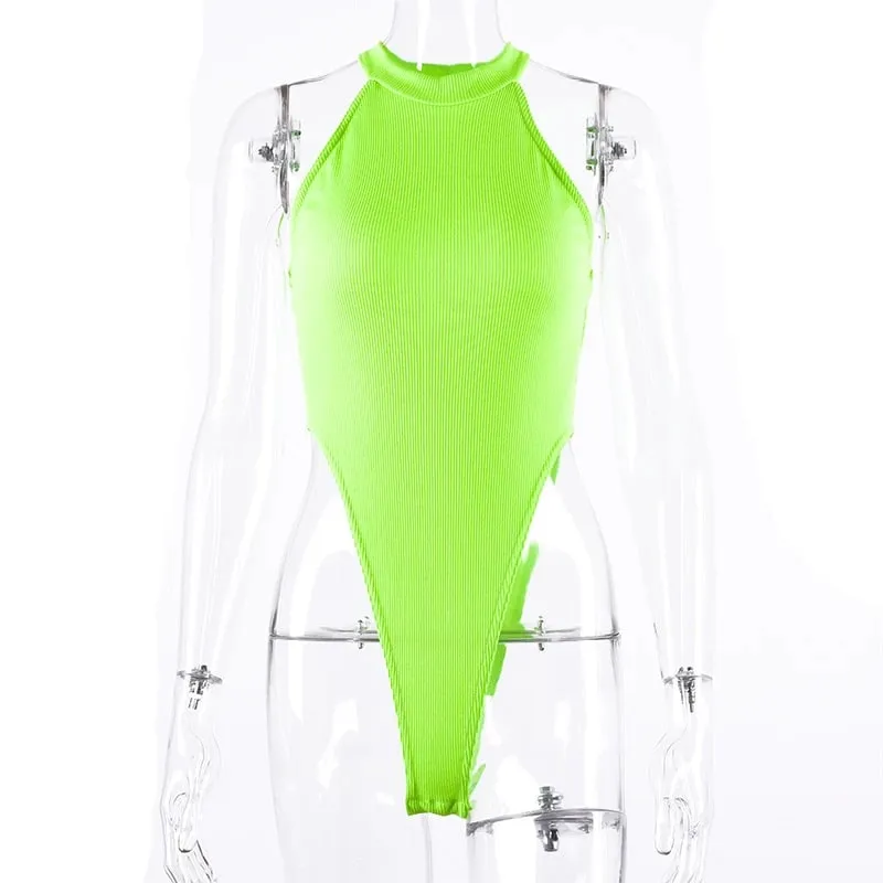 Women Ladies Sexy Sleeveless Solid Color High Cut Slim Skinny Bodycon Club Beach Fashion Halter Bodysuits Leotard Tops Rompers