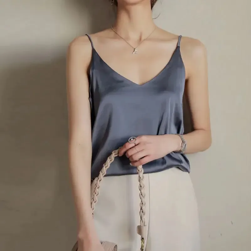 Women Halter V Neck Basic White Cami Spaghetti Strap Top Sleeveless Satin Silk 2026 Tank Tops Women'S Summer Camisole
