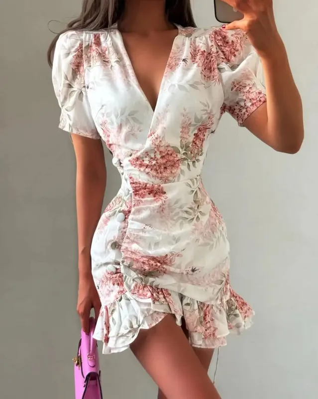 Elegant Floral Printed Mini A-line Dress Women Deep V-neck Puff Half Sleeve Waist-cinching Dresses 2026 Lady Party Club Gown