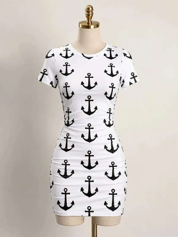 Womens Short Sleeve Bodycon Mini Dress Slim Fit Crew Neck Floral Print Casual Summer Party Flattering Lightweight Party Sundress