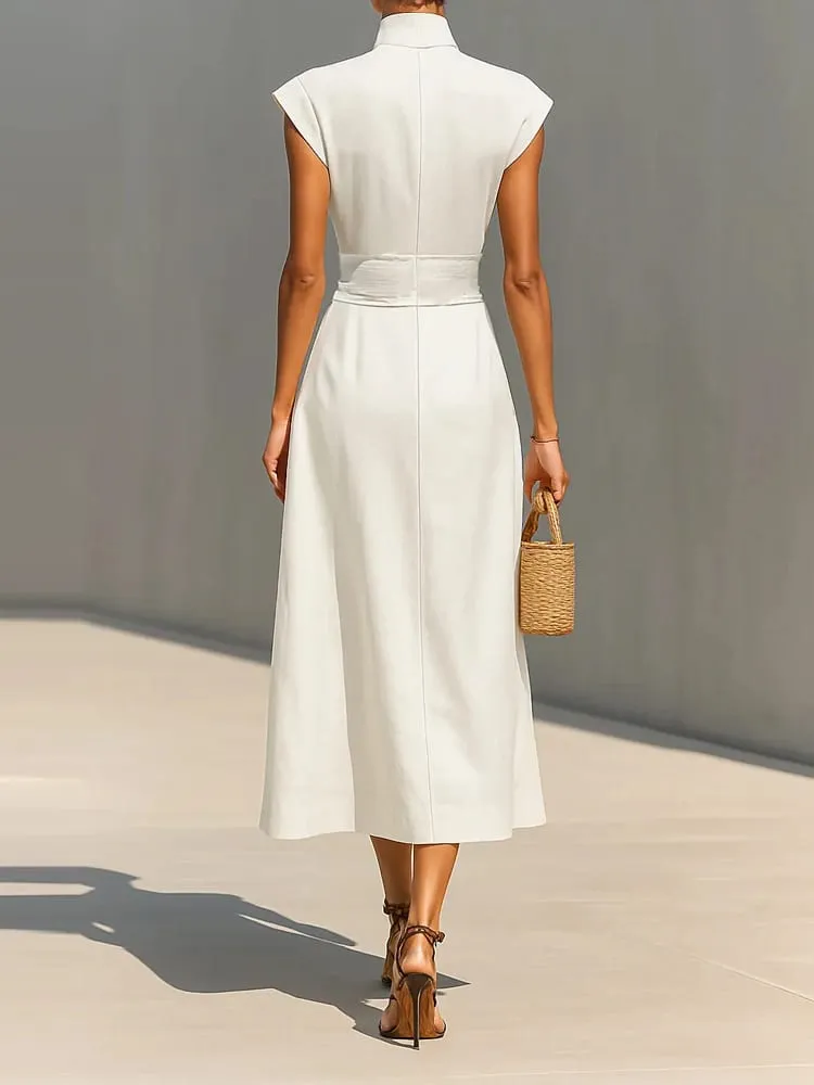 Summer New High Waist Pocket Dress Elegant Lady Slim Pleated Midi Dresses Fashion Solid Stand Collar Sleeveless Commuting Dress