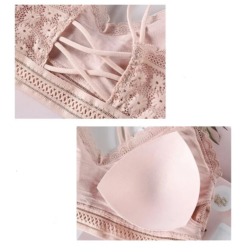 Women's Lace Lingerie Set Cross Shoulder Strap Without Steel Ring Bra Comfortable Support Underwear With Gathering Design