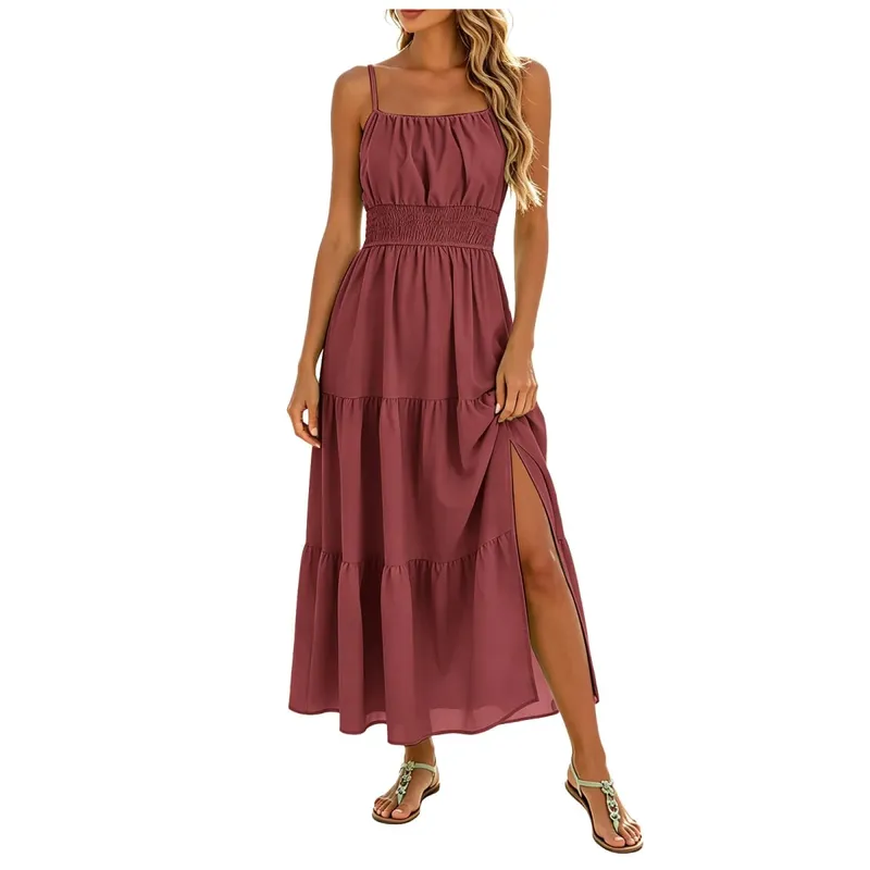Women's Summer Chiffon Dress Elegant A-Line Double Layer Sexy Sling Dresses Summer Holiday Party Ball Gown Muer Solid Sundress