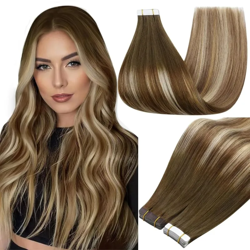 Full Shine Tape in Hair Extensions Balayage Tape ins Human Hair Extensions 20Pcs 50G Ombre Seamless Remy Skin Weft Hair
