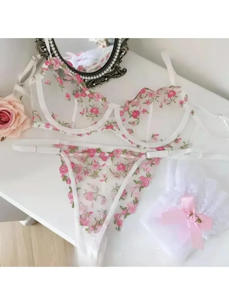 French Elegant Lingerie Set-Floral Embroidery Semi-Transparent Bra & Brief Black Sensual Women's Underwear Luxury Intimates