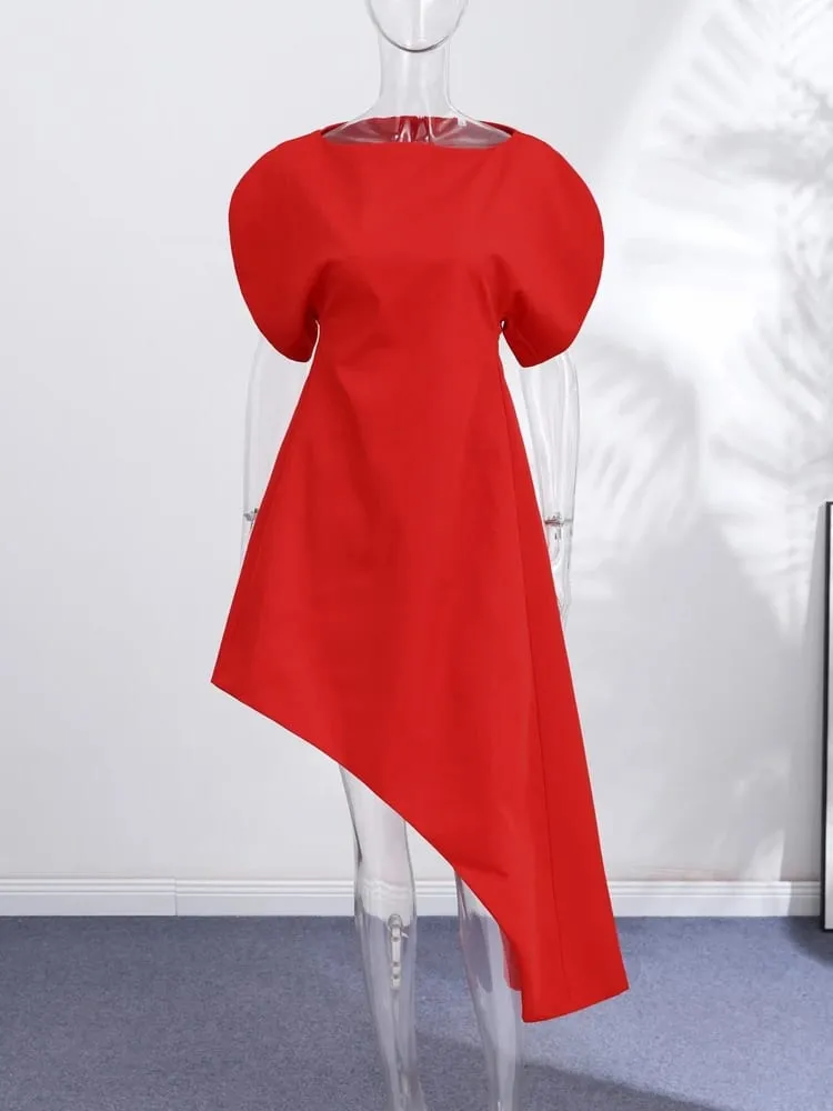 Asymmetric Hem Puff Sleeve Midi Dress Solid Boat Neck Slim Fit 2026 Summer Chic Elegant Party Women Evening Office Evening Gown