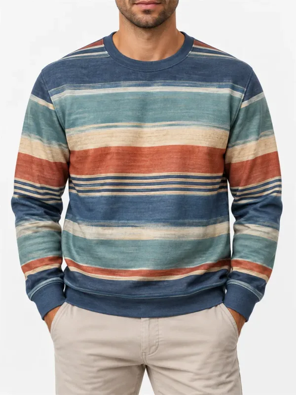 Vintage stribet sweatshirt med rund hals til mænd Casual langærmet trøje Farveblok Efterår Streetwear Hverdagsmode Klassisk top