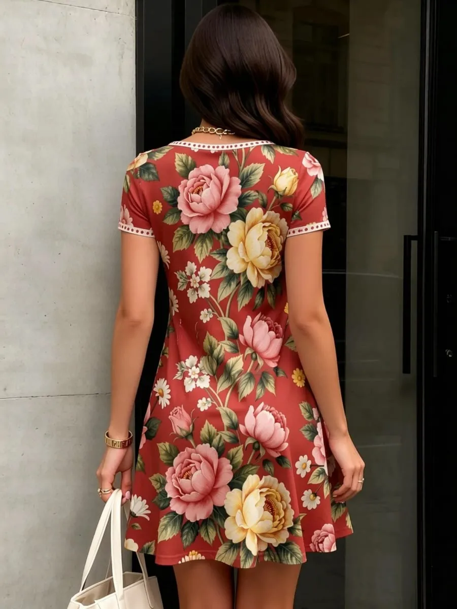 Womens V Neck Floral Print Short Sleeve Swing Dress Casual Flowy Summer Mini Dress for Everyday Wear Holidays Travel and Parties