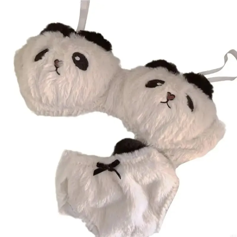 Women Wireless Furry Bra and Panty Set Japanese Cartoon Panda Plush Lingerie