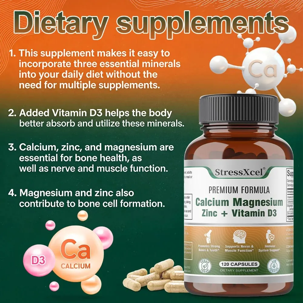Calcium + Magnesium + Zinc + Vitamin D3 Capsules - Supports Bone and Nervous System Health and Improves Mood | Non-GMO