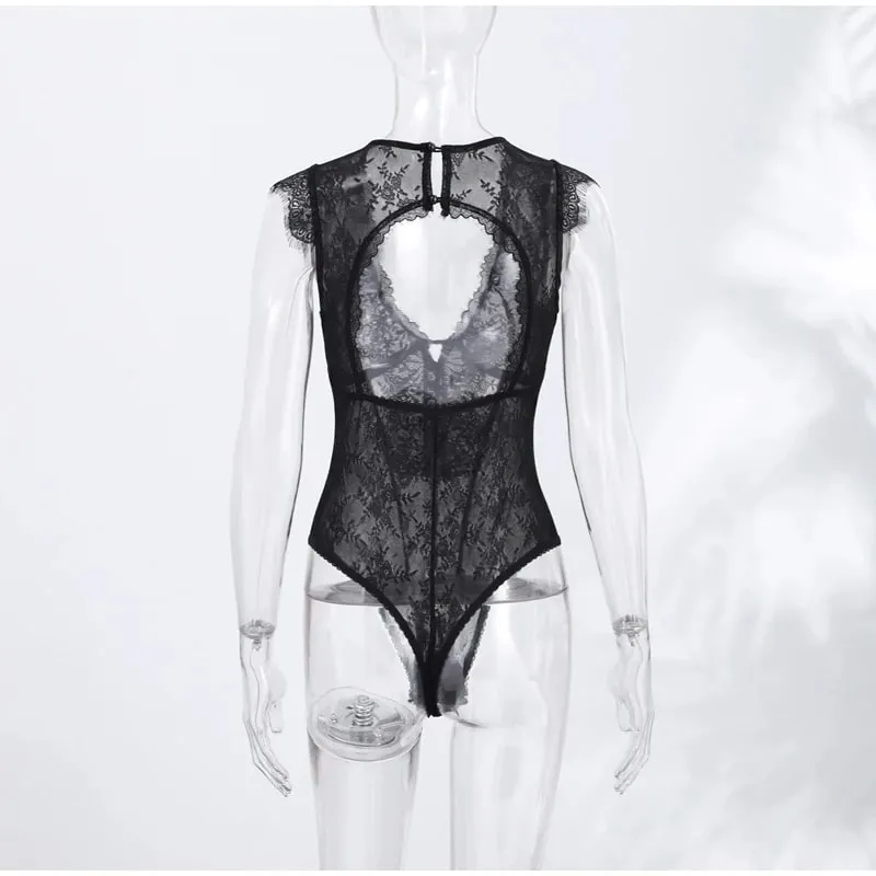 Sexy Lace Women's Bodysuit See Through Solid Deep V-neck Backless One Piece Tops 2026 Summer New Chic Club Party Lady Jumpsuits