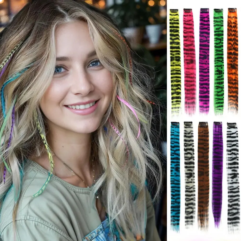 1Pc Clip-in Stripe Printed Synthetic Hair Colorful Long Straight Hair Pieces clip in Hair Extensions for Daily or Christmas wear
