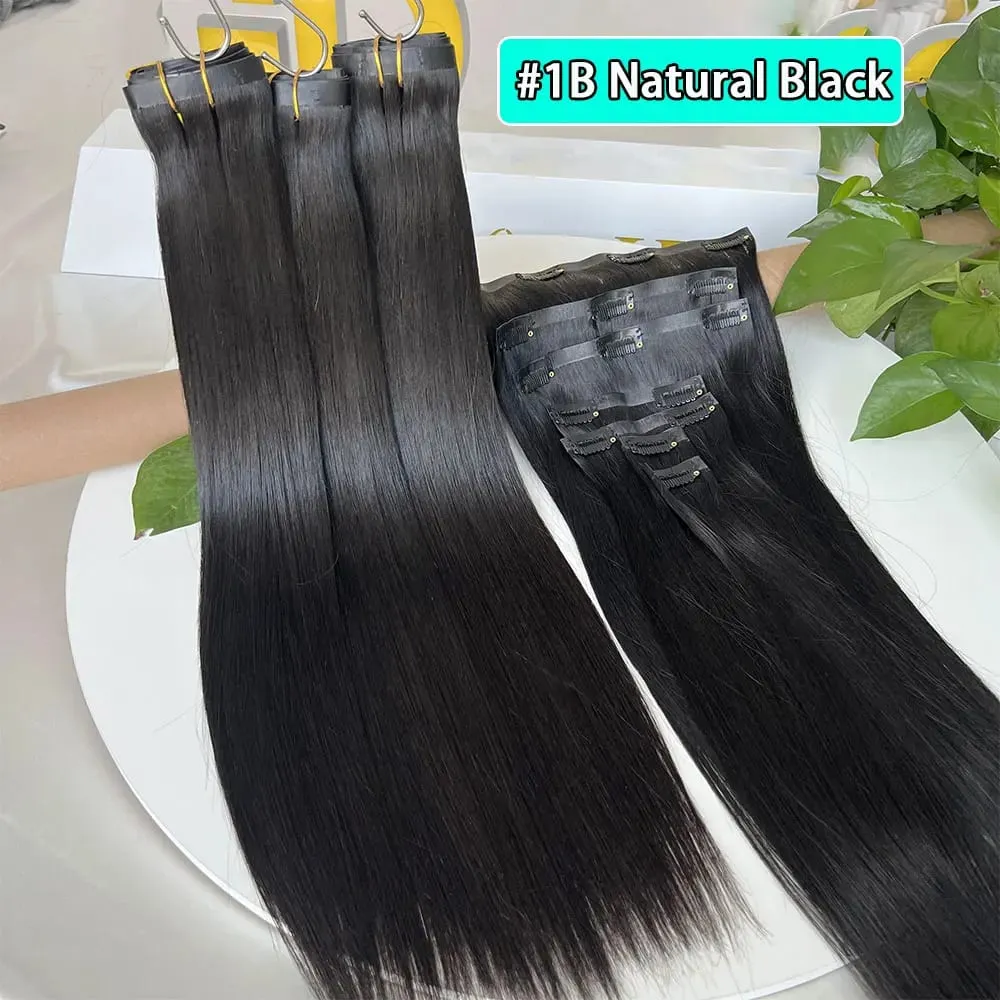 Raw Virgin Clip In Hair Extension 100% Human Hair Natural Black 100 Grams 7 Pieces Clip-On Hair Piece Full Head 16-30 Inch