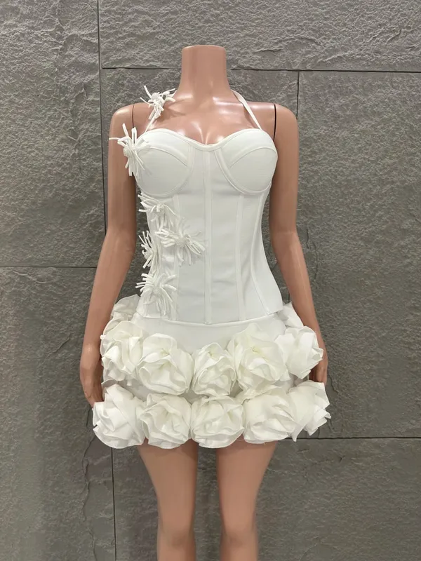 White Red Rose Color Women Sexy Strapless Full Florla Bodycon Mini Bandage Dress 2 Pieces Set Celebrate Nightclub Party Birthday