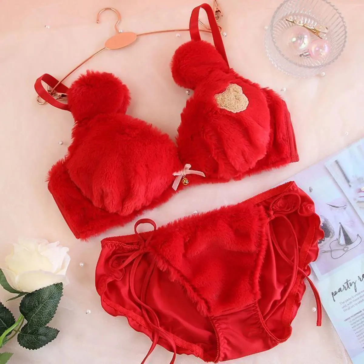 Winter Cute Cartoon Bear Embroidery Sweet Lingerie Bras Underpants Underwear Two Piece Sets Sweet Plush Set Sexy Girlfriend Gift