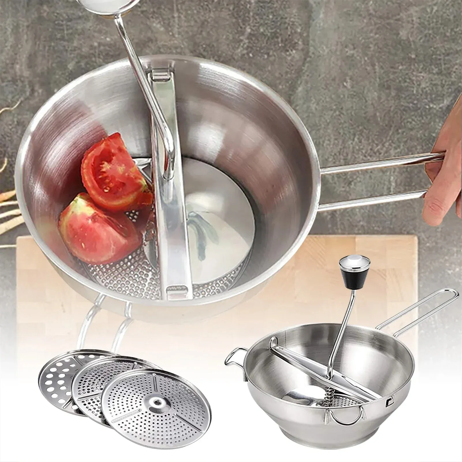 Stainless Rotary Food Mill Multifunctional Jams Mill with 3 Discs Durable Food Manual Grinder Vegetable Mud