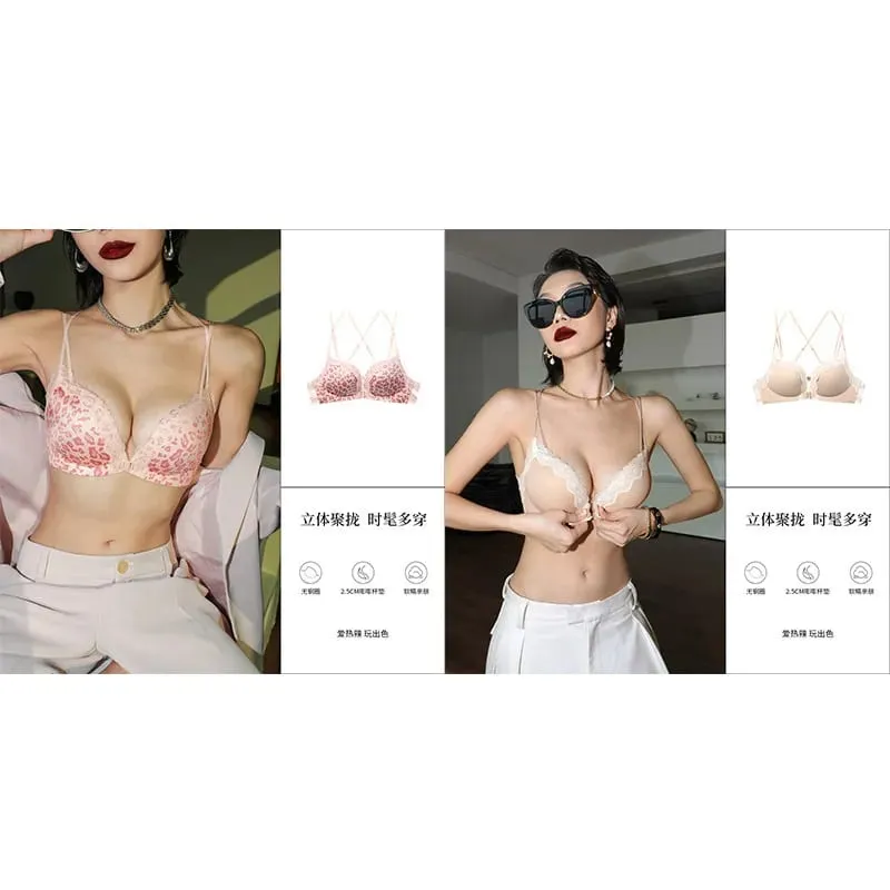 Victoria Style Wireless Lingerie Set Pink Leopard Pattern Front Closure Bra Sensual Back Push Up for Small Bust 32-38