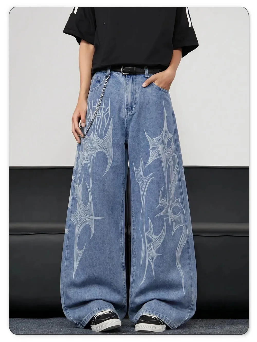Men's Casual Spiral Graffiti Print Hip Hop Oversized Baggy Wide Leg Jeans Trendy Casual Slop Lazy Street Daily Denim Pants