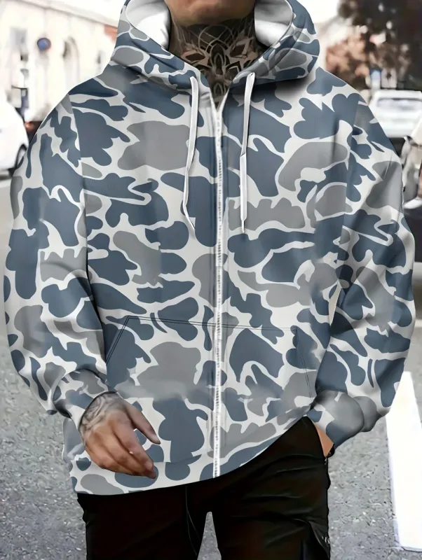 Men's Camouflage Graphic Zipper Hoodie Long Sleeve Casual Outdoor Jacket Drawstring Loose Comfortable Men's Sweatshirts Clothing